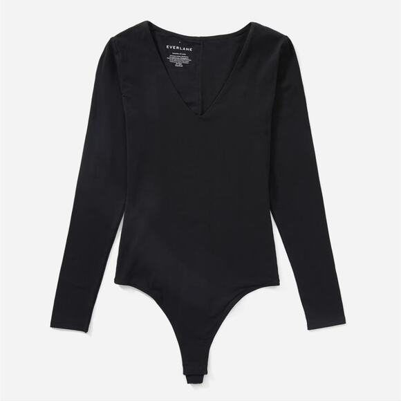 NEW Everlane Black V-Neck Long Sleeve Thong One-Piece Bodysuit Top - Picture 1 of 12
